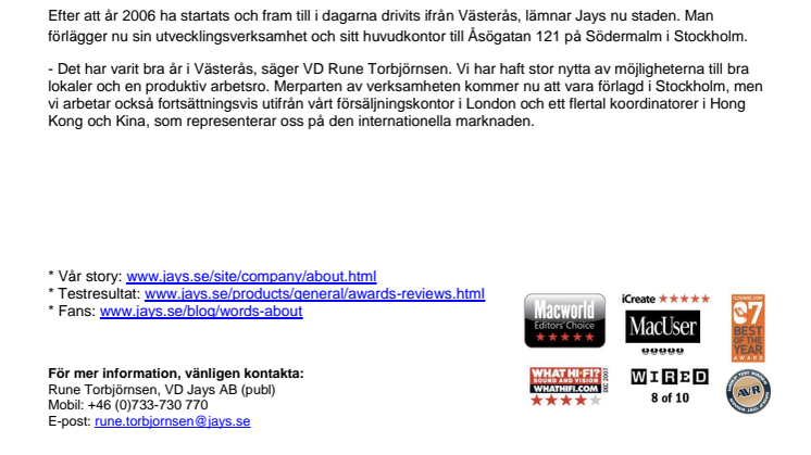 Jays flyttar R&D-avdelning till Stockholm