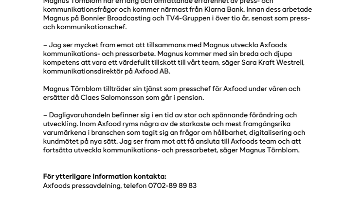 Magnus Törnblom ny presschef på Axfood