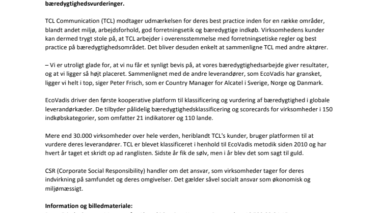 TCL Communication får topkarakter i bæredygtighedsarbejde af EcoVadis 