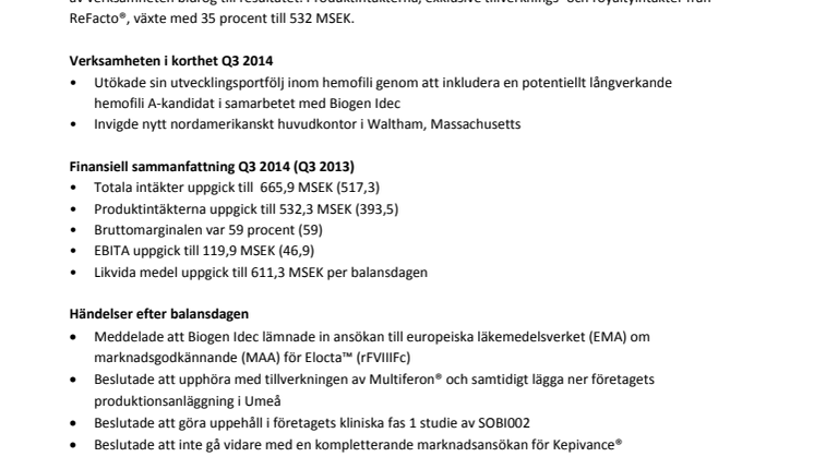 Sobi publicerar resultaten för det tredje kvartalet 2014