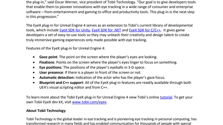 Tobii Releases EyeX Plug-in for Unreal Engine 4 