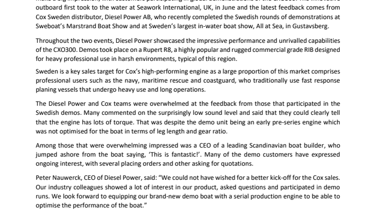 Cox Diesel Outboard a Resounding Success in Swedish Demos