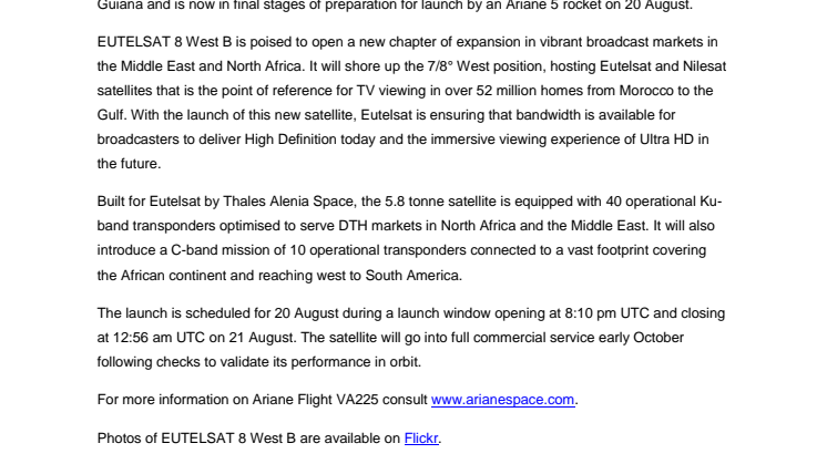 EUTELSAT 8 West B satellite lands in Kourou spaceport and preps for Ariane 5 launch on 20 August