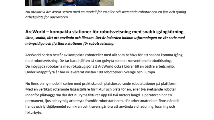 ArcWorld – kompakta stationer för robotsvetsning med snabb igångkörning
