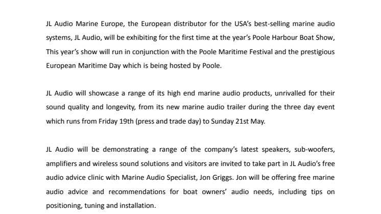 JL Audio Marine Europe: JL Audio to Take Part in Poole’s Biggest Ever Maritime Event 
