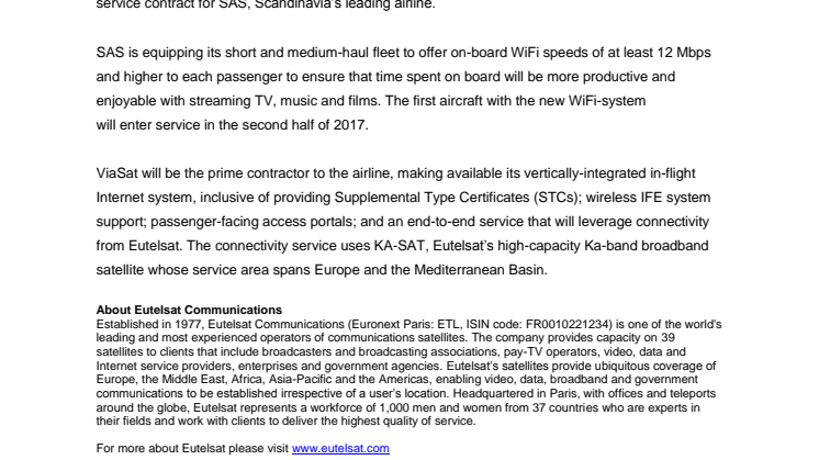 ViaSat, Eutelsat in-flight Internet partnership wins European service contract with SAS