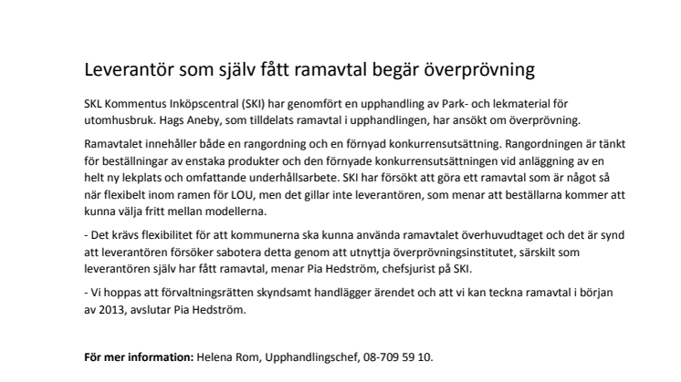 Leverantör som själv fått ramavtal begär överprövning