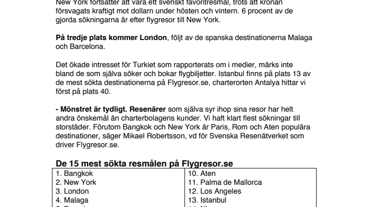 Storstäder i topp när svenskarna söker flygbiljetter