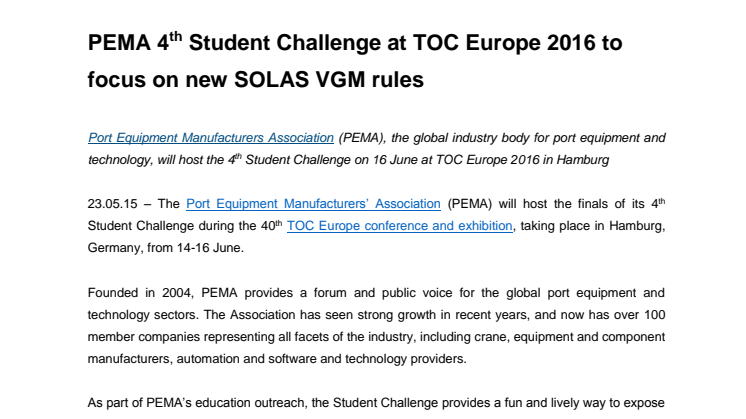 PEMA 4th Student Challenge at TOC Europe 2016 to focus on new SOLAS VGM rules