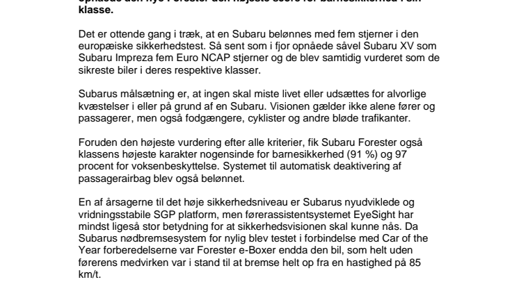 Ny Subaru Forester e-Boxer får topkarakter i Euro NCAP