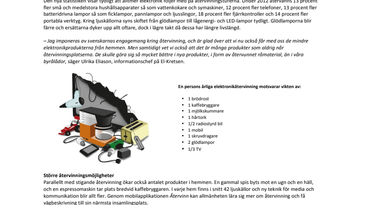 Ny statistik från El-Kretsen för elektronikåtervinningen i Sverige 2012 