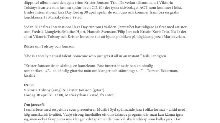 ​Luncha till tonerna av Viktoria Tolstoy och Krister Jonsson på på International Jazz day!