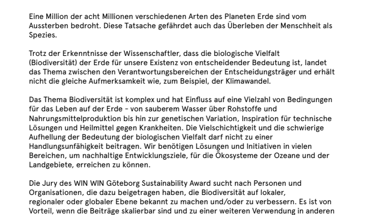 Das Thema für die Auszeichnung WIN WIN Award 2020 ist die Biodiversität