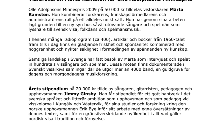 Visforskaren Märta Ramsten får Olle Adolphsons Minnespris