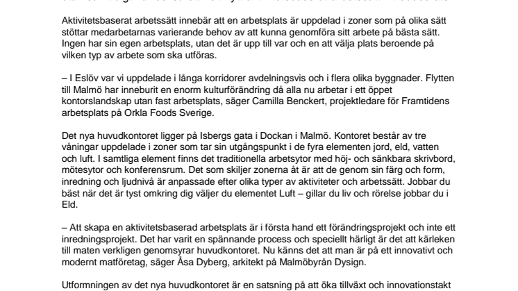 Aktivitetsbaserat huvudkontor ska öka samarbete och innovation på Orkla Foods Sverige  