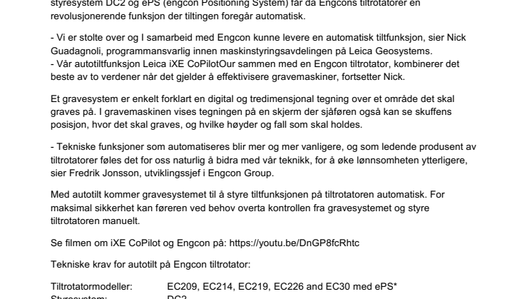 Verdensnyhet - Engcon tilter automatisk med Leica Geosystems