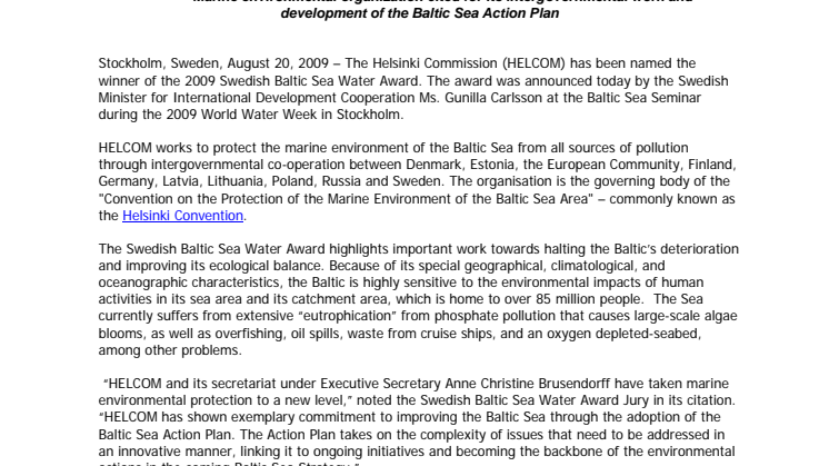 Helsinki Commission wins 2009 Swedish Baltic Sea Water Award