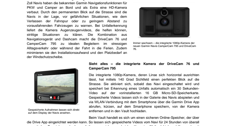 PM Garmin CamperCam 795 und DriveCam 76