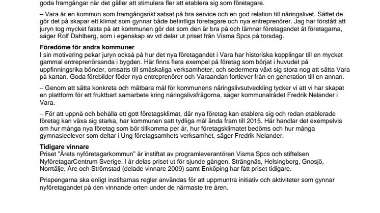 Långsiktiga satsningar gör Vara till Årets nyföretagarkommun