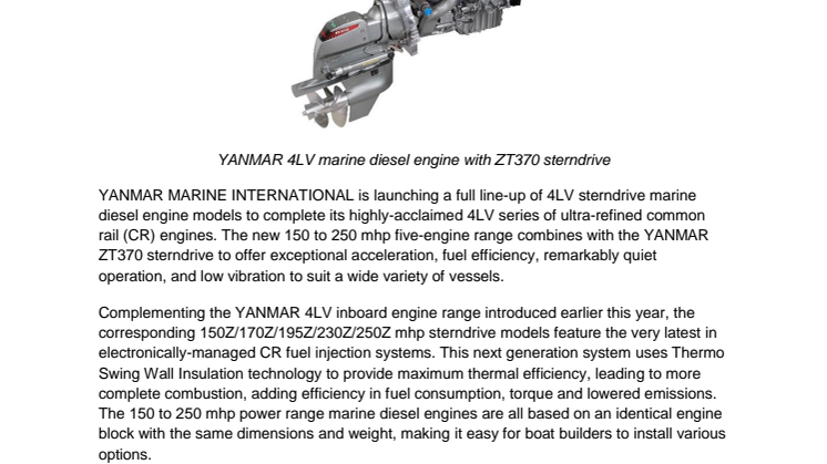YANMAR Launches 4LV Sterndrive Models to Complete Mid-Range Series of Common Rail Diesel Engines