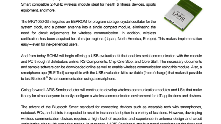 Compact Bluetooth Compatible Module for Health & Fitness Devices  -- Wireless certification and smartphone BLE tool make evaluation easy
