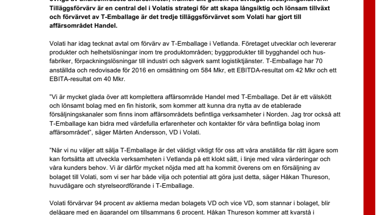 Volati förvärvar T-Emballage som blir en affärsenhet i affärsområde Handel