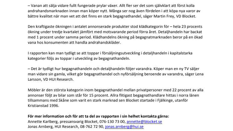 Blocket och HUI presenterar Begagnatbarometern: Allt fler säljer andrahandsvaror på nätet  
