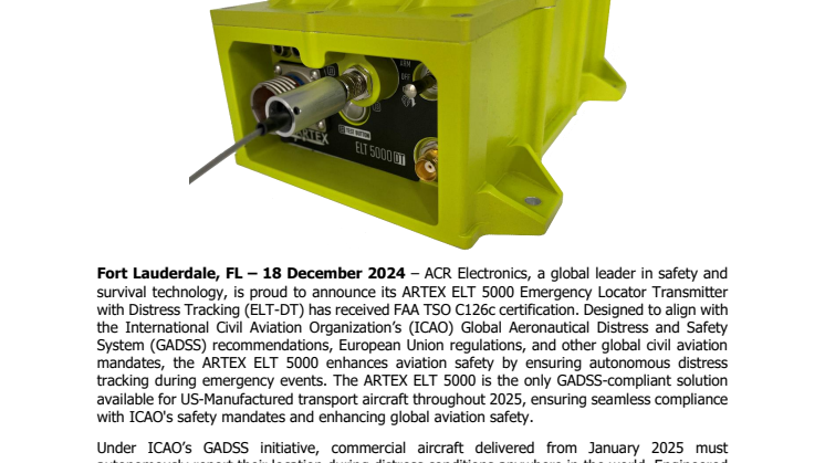 December 2024 - ACR Electronics Receives FAA TSO for ELT DT on US Aircraft.pdf
