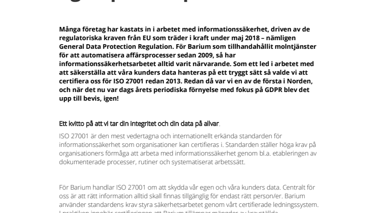 Barium beröms för sitt GDPR-arbete av DNV GL genom användning av sin egen processplattform