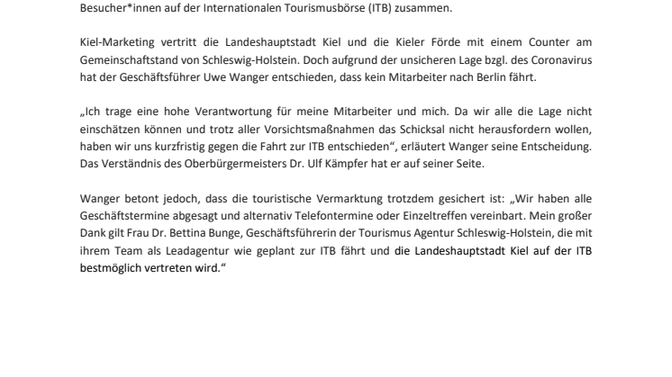 Mitarbeiterschutz: Kiel-Marketing verzichtet auf den persönlichen Auftritt bei der ITB 