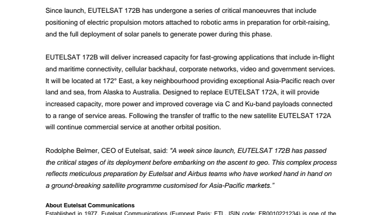 EUTELSAT 172B satellite begins ascent to geo