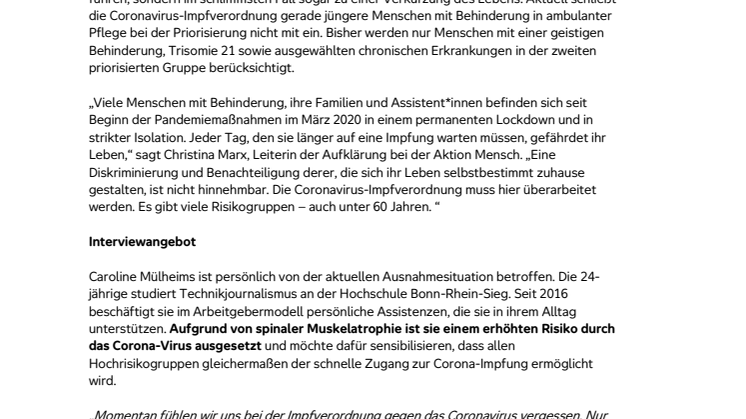 Aktion Mensch appelliert: Jüngere Menschen in ambulanter Versorgung dürfen bei Corona-Impfung nicht vergessen werden