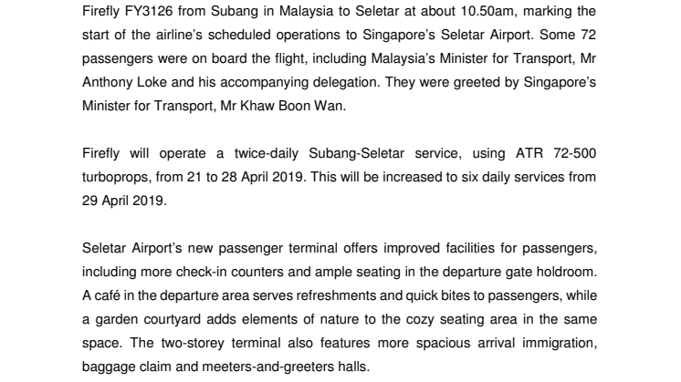Seletar Airport welcomes Firefly