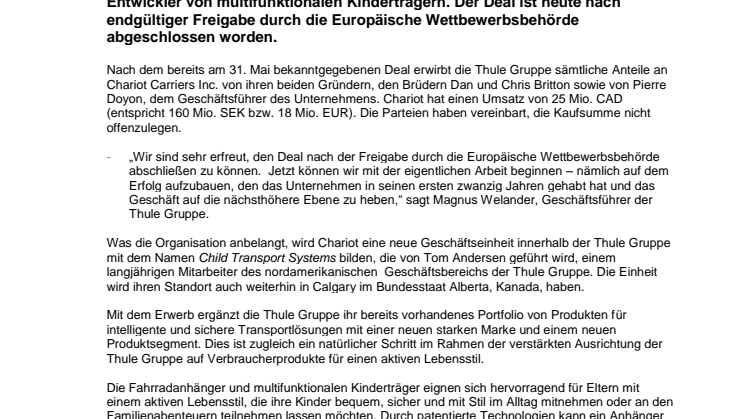 Der Deal ist unter Dach und Fach – die Thule Group erwirbt das kanadische Unternehmen Chariot Carriers Inc.