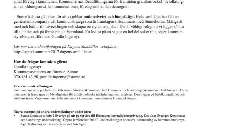 Sunne klättrar på listan ”Årets superkommuner”