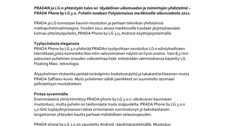 PRADA ja LG lanseeraavat huippumuotoilun ja tehotoiminnot yhdistävän älypuhelimen