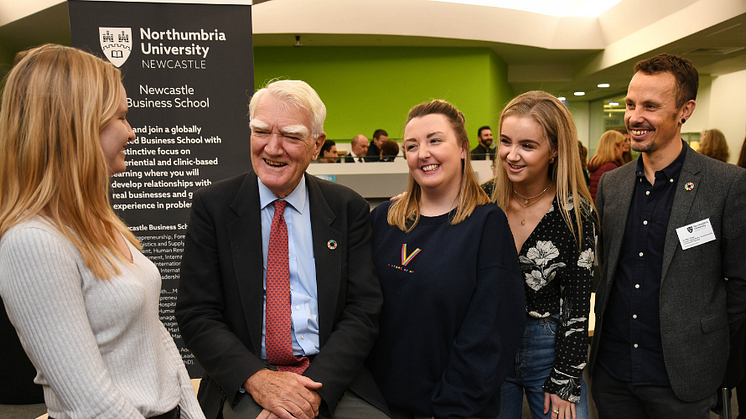 Sir Mark Moody-Stuart with Northumbria students and Dr Alex Hope