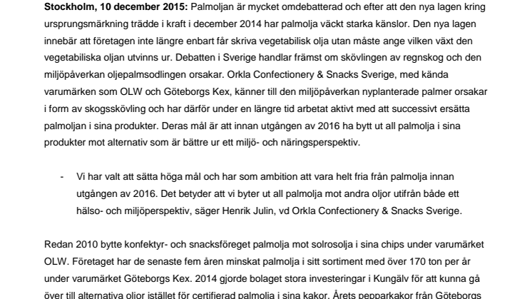 Orkla Confectionery & Snacks slutar helt att använda palmolja 2016 