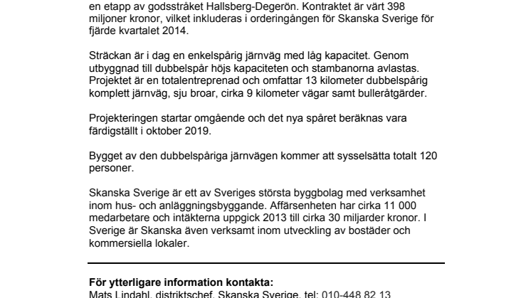 Skanska bygger järnväg vid Hallsberg för 398 miljoner kronor