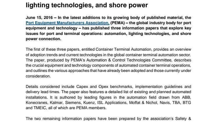 PEMA publishes information papers on automation, lighting technologies, and shore power
