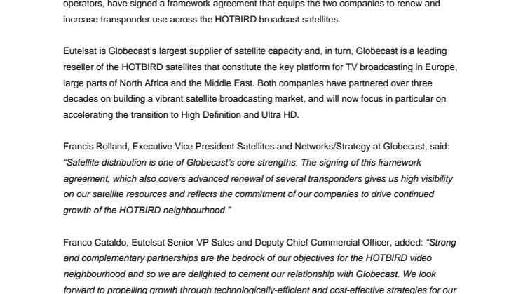 IBC 2016: Globecast and Eutelsat partner on driving HD and Ultra HD growth at HOTBIRD video neighbourhood