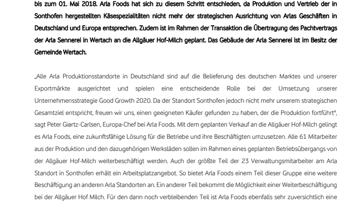 Arla Foods plant Verkauf seines Werks in Sonthofen an die Allgäuer Hof-Milch