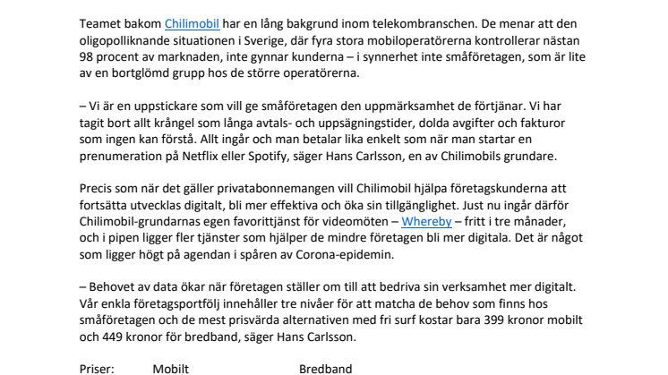 Redan en månad efter start – Chilimobil släpper företagsabonnemang