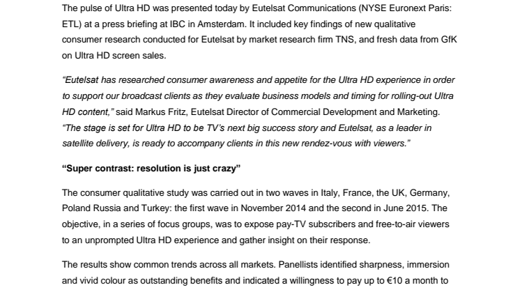 Eutelsat reveals new consumer research on Ultra HD and data on skyrocketing screen sales in key TV markets