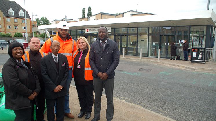 All one team: HA Marks contract manager Innocent Obiekwe (back) says the station team led by Marc Asamoah (far right) was a huge support during the extension of Elstree & Borehamwood station