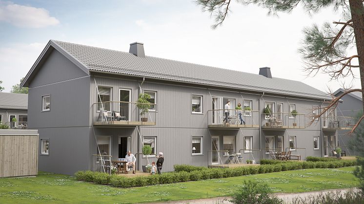 Illustration av gårdssida med balkong/altan med gräsplatt, samt gemensamma grönytor, BoKlok Bäcken.  