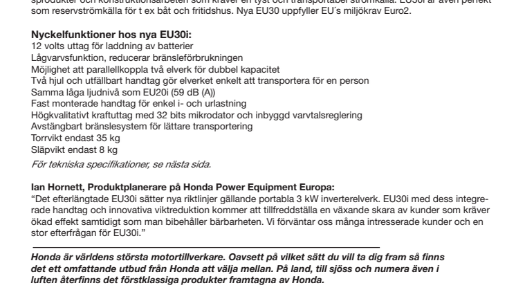 Honda lanserar nya inverterelverket EU30i