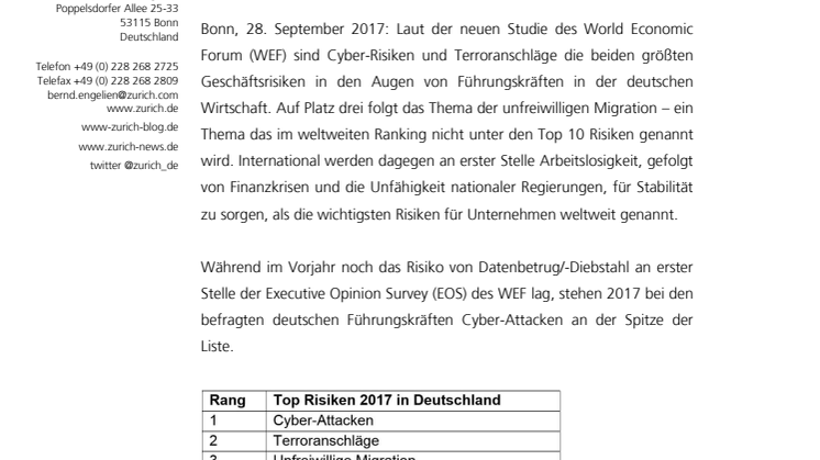 Cyber-Attacken, Terror und unfreiwillige Migration – das sind die größten Geschäftsrisiken in den Augen deutscher Führungskräfte