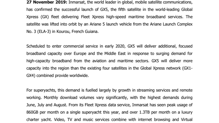 Inmarsat’s successful launch of GX5 next generation satellite to add significant Fleet Xpress capacity