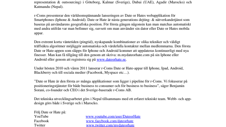 r-Coms presenterar den världsomspännande lanseringen av Date or Hates webapplikation för Smartphones